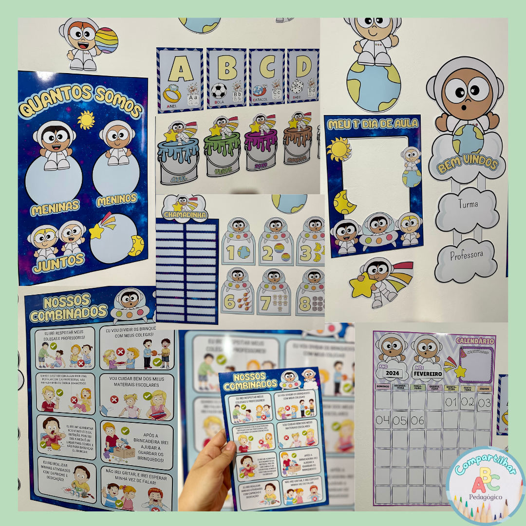kit decoração sala de aula, decoração astronauta educação infantil, kit pedagógico astronauta, recursos pedagógicos alfabetização, painel escolar educação infantil, decoração sala de aula ensino fundamental, material pedagógico em PDF, decoração temática sala de aula