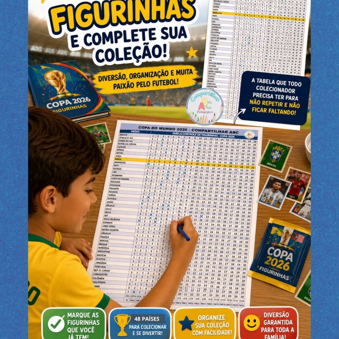 Tabela de Controle de Figurinhas Copa 2026 | PDF para Imprimir A Tabela de Controle de Figurinhas Copa 2026 é um recurso prático e organizado para acompanhar as figurinhas do álbum sem precisar carregar o álbum completo para todos os lugares. Ideal para crianças, famílias e colecionadores, a tabela permite marcar facilmente quais figurinhas já possui e quais ainda faltam para completar o álbum, facilitando trocas, organização e visualização rápida durante a brincadeira. O material inclui: Tabela completa com os 48 países da Copa 2026 Espaço para marcar as figurinhas já coladas Organização prática das figurinhas faltantes Arquivo em PDF pronto para impressão Benefícios do material: Facilita a organização da coleção Ajuda a identificar rapidamente figurinhas faltantes Evita carregar o álbum completo Torna as trocas de figurinhas mais práticas Estimula organização e autonomia infantil Visualização rápida e simples da coleção Ideal para: Crianças colecionadoras de figurinhas Pais e responsáveis Troca de figurinhas na escola Momentos em família Colecionadores iniciantes Fãs de futebol e Copa do Mundo Um recurso simples, funcional e divertido para deixar a experiência de colecionar figurinhas muito mais organizada e prática. Ideal para a faixa etária: Crianças em idade escolar Colecionadores infantis Famílias apaixonadas por futebol