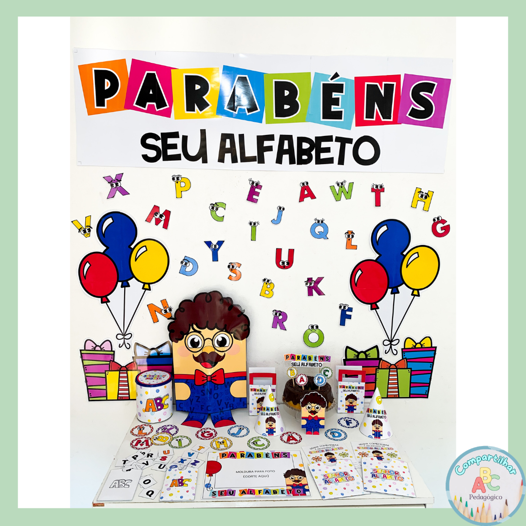 **Super Kit Tema "Aniversário do Seu Alfabeto" – Educação Infantil** Super kit pedagógico para trabalhar o alfabeto com crianças da Educação Infantil de forma lúdica e divertida. Ideal para projetos de alfabetização, culminâncias e atividades escolares relacionadas ao reconhecimento das letras. Arquivo completo em PDF pronto para impressão, contendo: • Painel ampliado; • Topo de decoração para bolo; • Luva para contação de histórias; • Moldura para foto; • Convite com envelope; • Chapeuzinho; • Sacolinha; • Alfabeto móvel na lata; • Alfabeto móvel no envelope, nas versões colorida e para colorir; • Quebra-cabeça das letras do alfabeto para colorir. Arquivo em PDF pronto para impressão.