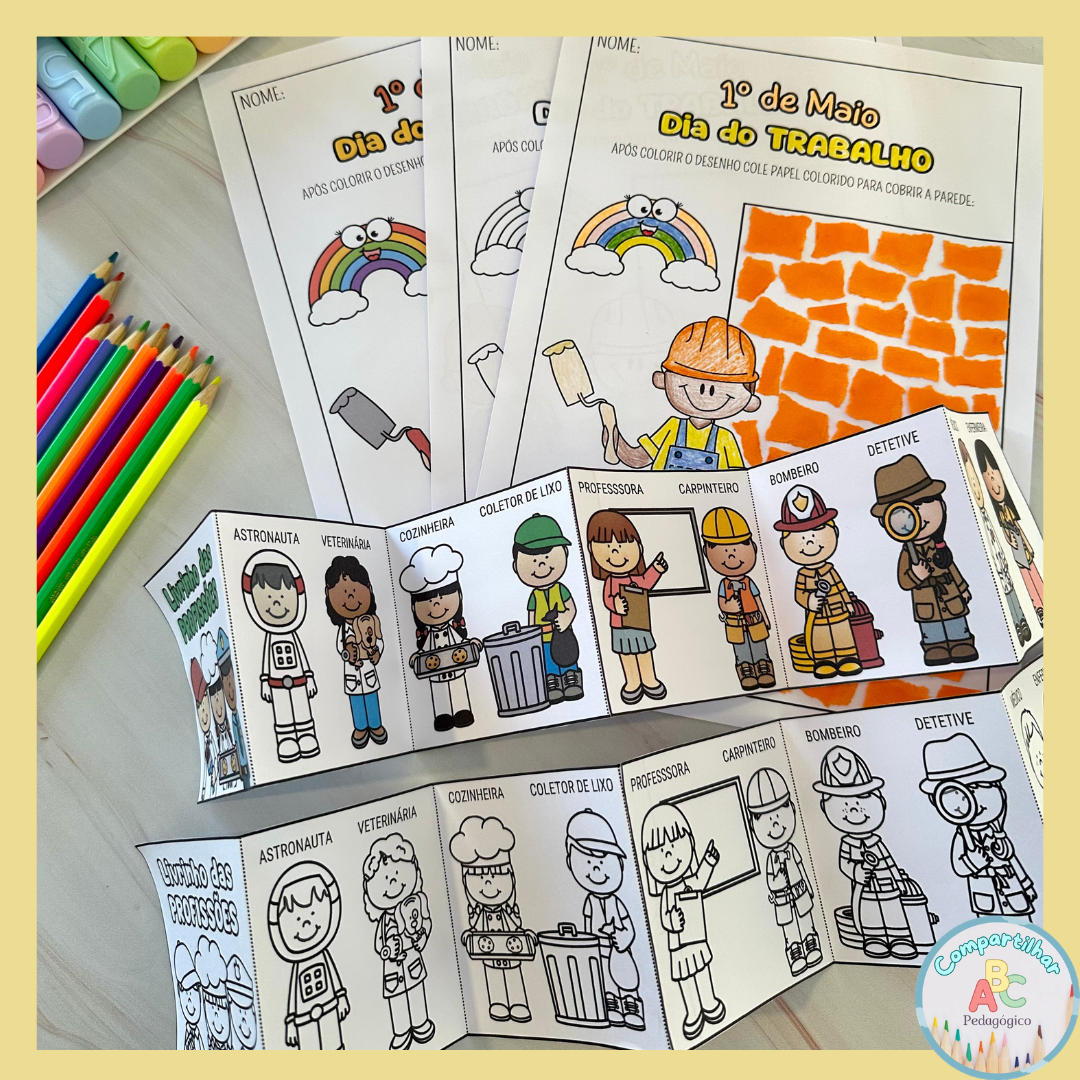Atividade Dia do Trabalho e Livrinho das Profissões – Educação Infantil A Atividade Dia do Trabalho e Livrinho das Profissões é um recurso pedagógico desenvolvido para trabalhar o tema profissões com crianças da Educação Infantil de forma lúdica, criativa e significativa. O material incentiva o conhecimento sobre diferentes profissões e contribui para o desenvolvimento de habilidades essenciais por meio de atividades práticas. As propostas estimulam a participação das crianças e tornam a aprendizagem mais divertida durante as comemorações do Dia do Trabalho. O arquivo inclui atividades nas versões colorida e para colorir, oferecendo diferentes possibilidades de aplicação em sala de aula. Benefícios da proposta: • Desenvolve a coordenação motora fina; • Trabalha rasgadura, pintura e colagem; • Amplia o conhecimento sobre as profissões; • Explora a diversidade das profissões; • Estimula criatividade e imaginação; • Desenvolve o vocabulário; • Incentiva a participação ativa das crianças; • Ideal para projetos sobre o Dia do Trabalho e profissões. Arquivo em PDF pronto para impressão.