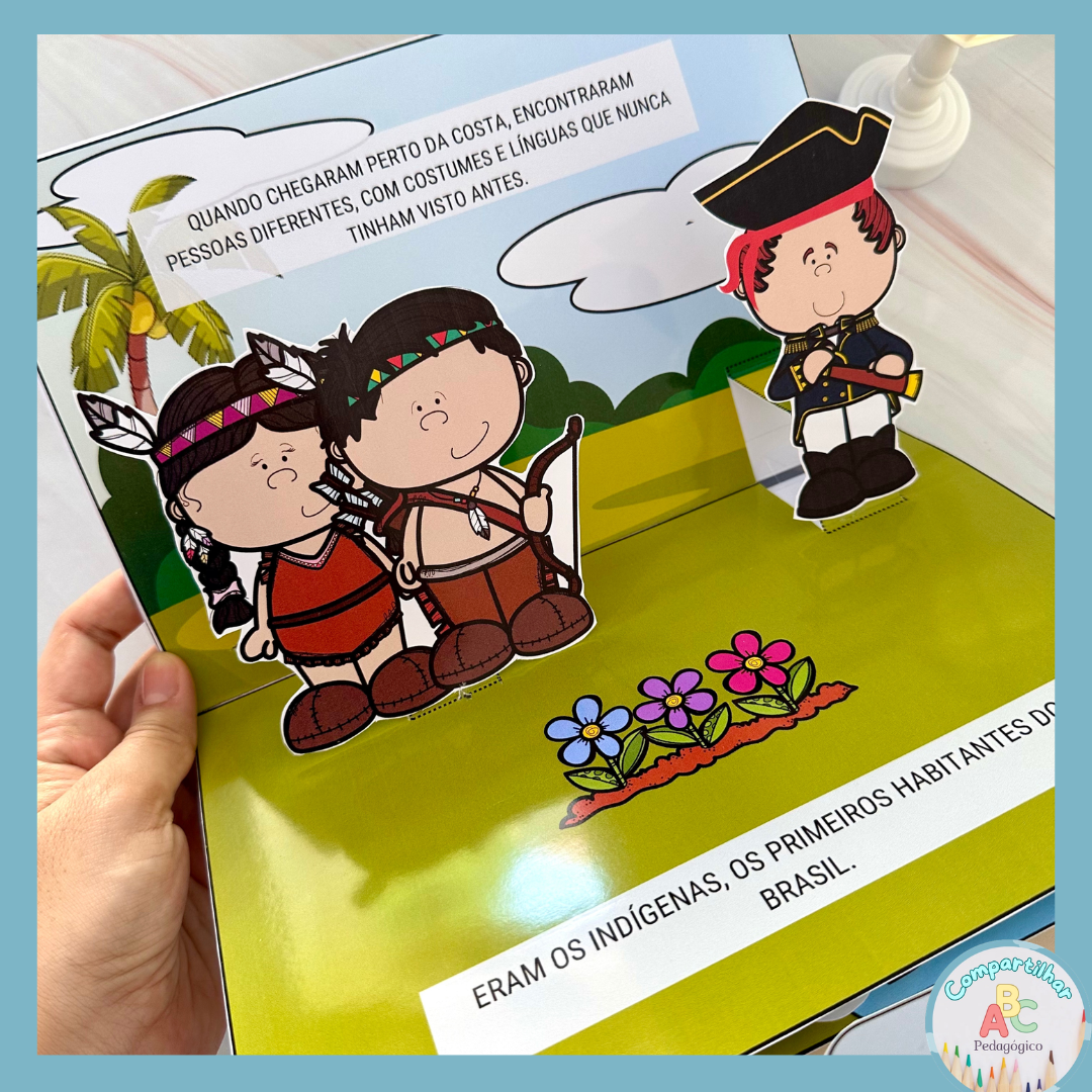 Livro 3D Descobrimento do Brasil – Educação Infantil O Livro 3D Descobrimento do Brasil é um recurso pedagógico desenvolvido para apresentar a história do Descobrimento do Brasil às crianças da Educação Infantil de forma lúdica, visual e envolvente. O material utiliza linguagem simples e adequada à faixa etária, facilitando a compreensão dos acontecimentos históricos. O formato tridimensional desperta a curiosidade, torna a leitura mais atrativa e proporciona uma experiência de aprendizagem significativa. Ideal para projetos sobre a História do Brasil, datas comemorativas e atividades de Educação Infantil. Benefícios da proposta: • Facilita a compreensão da história do Descobrimento do Brasil; • Torna a aprendizagem mais envolvente e interativa; • Estimula a curiosidade e o interesse pela História; • Favorece a memorização dos conteúdos; • Desenvolve a atenção e a imaginação; • Incentiva o hábito da leitura; • Proporciona uma experiência visual e sensorial. O arquivo acompanha vídeo tutorial de montagem. Arquivo em PDF pronto para impressão.